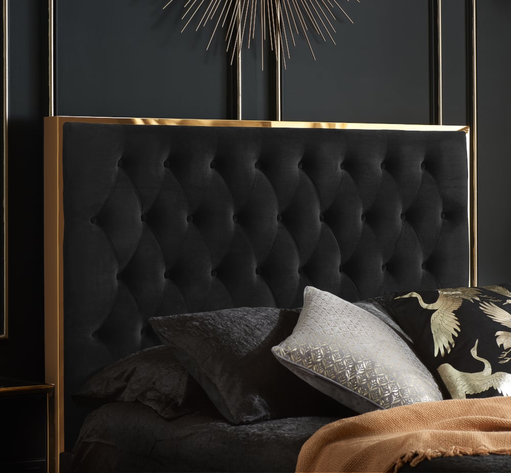 Chelsea Black and Gold Velvet Bed Headboard Close-Up