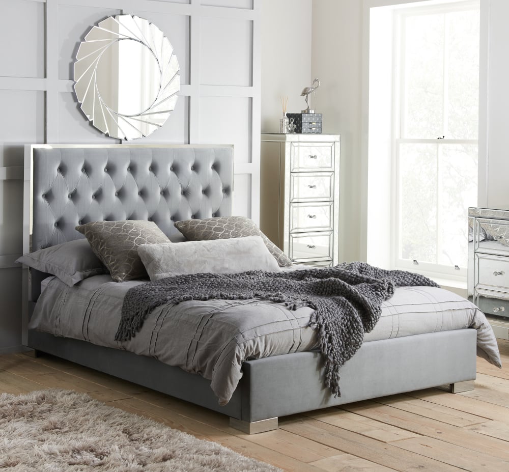 Chelsea Grey and Silver Velvet Bed Close-Up