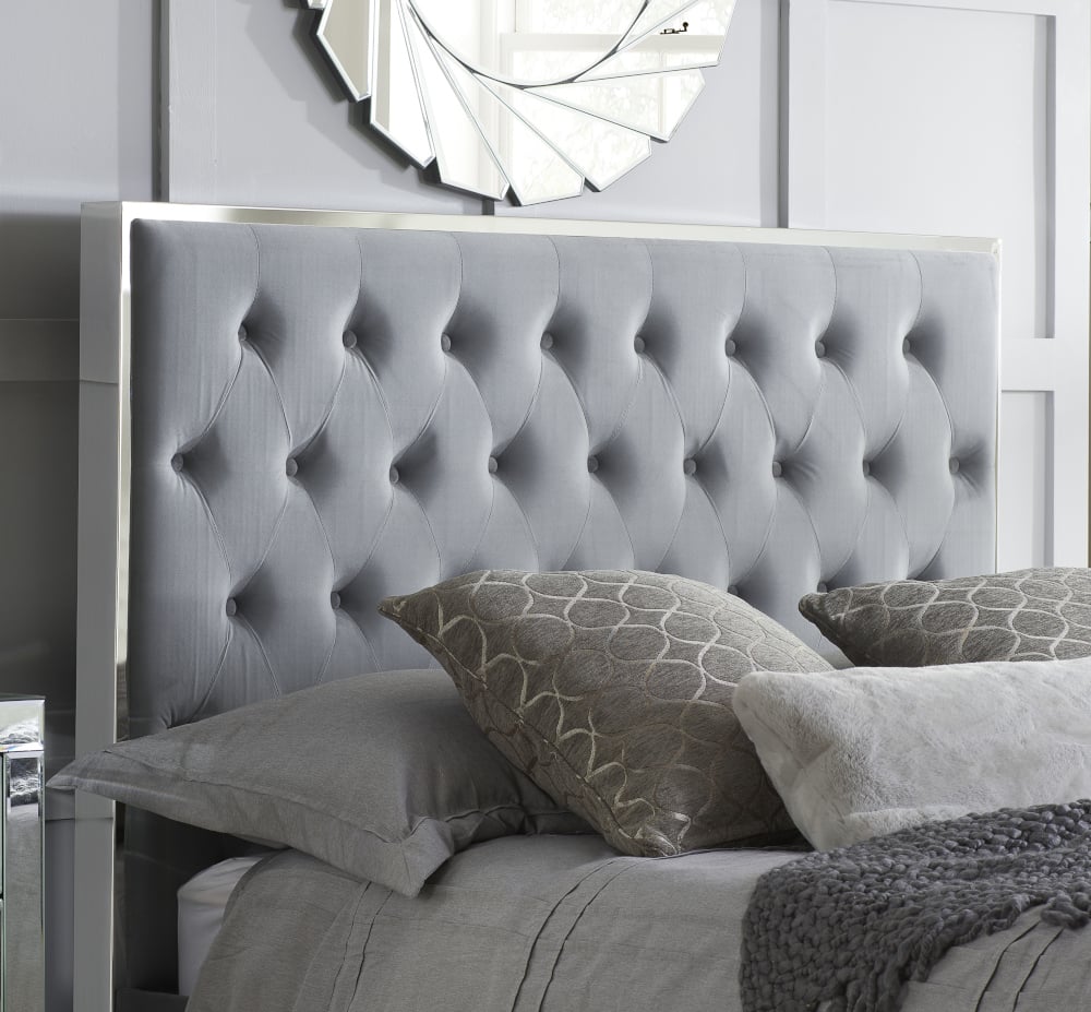 Chelsea Grey and Silver Velvet Bed Headboard Close-Up