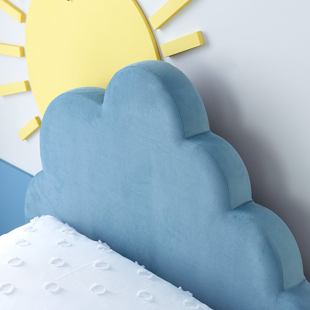 Cloud Blue Velvet Kids’ Bed Headboard Close-Up