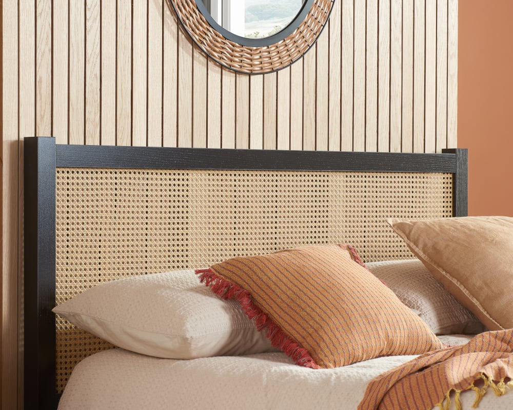 Croxley Rattan Black Wooden Bed Headboard Close-Up