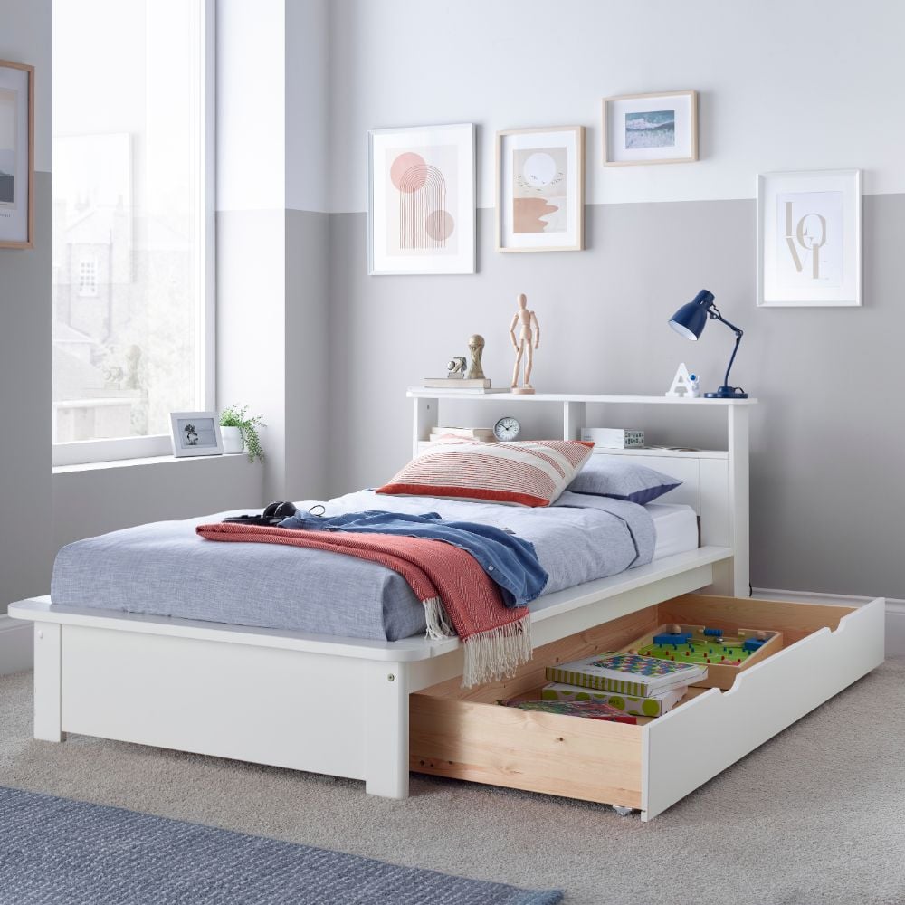 Fraser White Wooden Bookcase Bed With Drawer Open