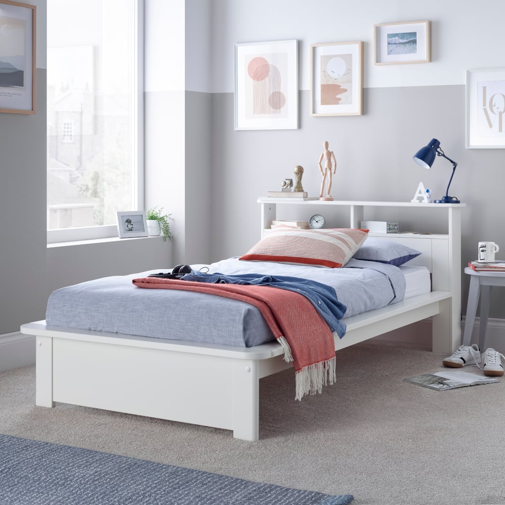 Fraser White Wooden Bookcase Bed Wide Angle