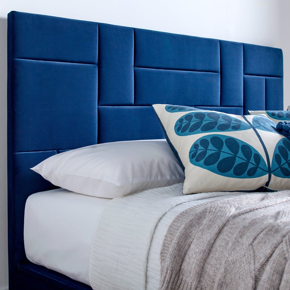 Hagen Blue Velvet Ottoman Bed Headboard Close-Up