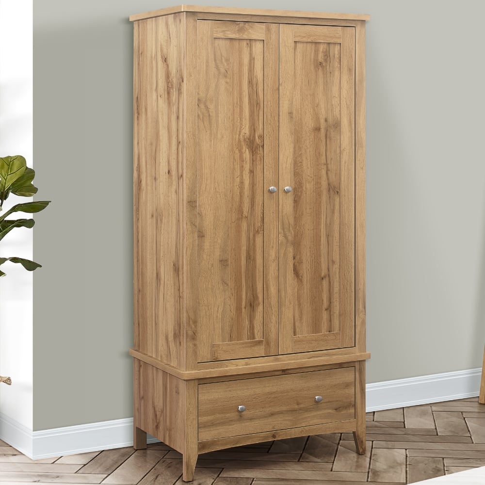 Hampstead Oak Wooden 2 Door 1 Drawer Wardrobe Close-Up