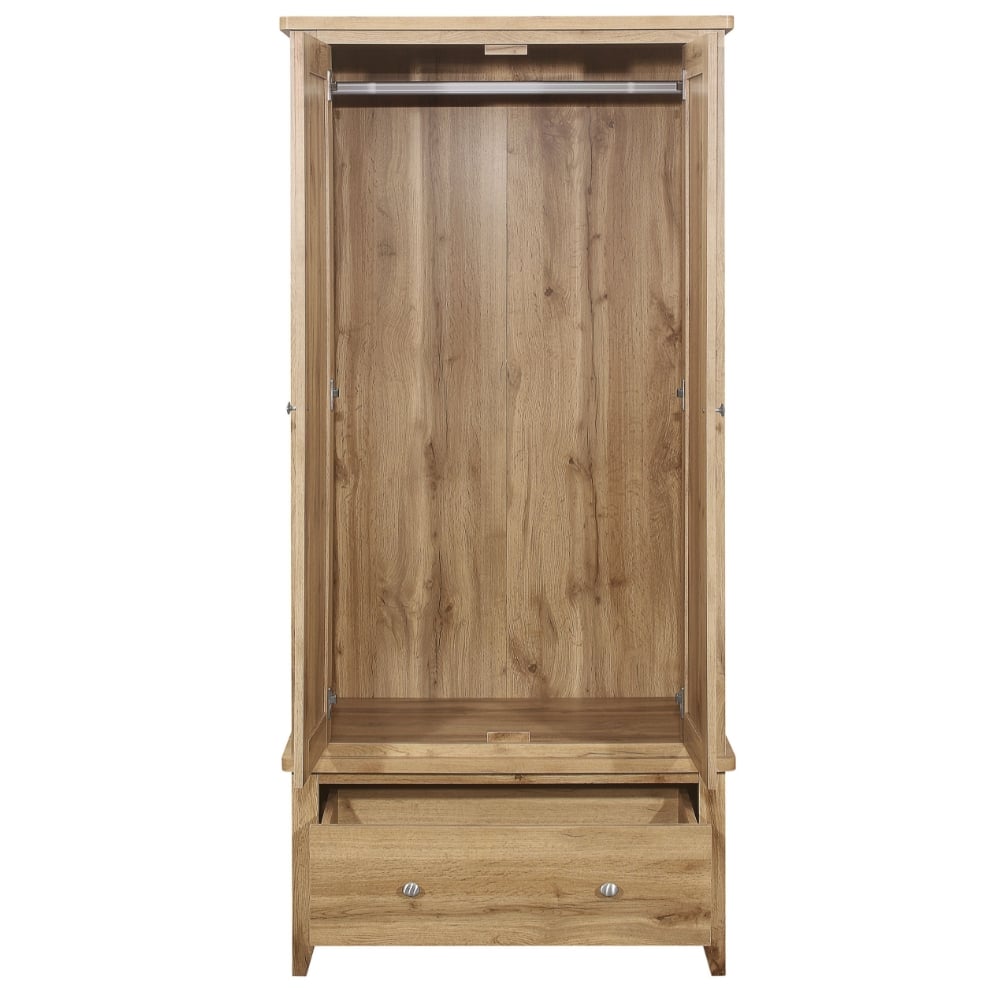 Hampstead Oak Wooden 2 Door 1 Drawer Wardrobe Close-Up