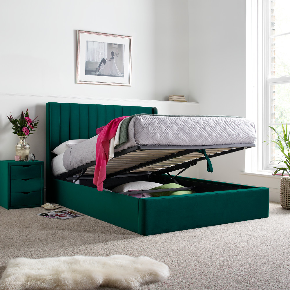 Harper Green Velvet Ottoman Bed Full Image
