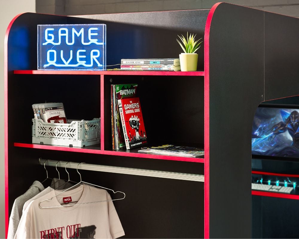 Impact Black and Red Wooden Gaming Bunk Bed Shelving Close-Up