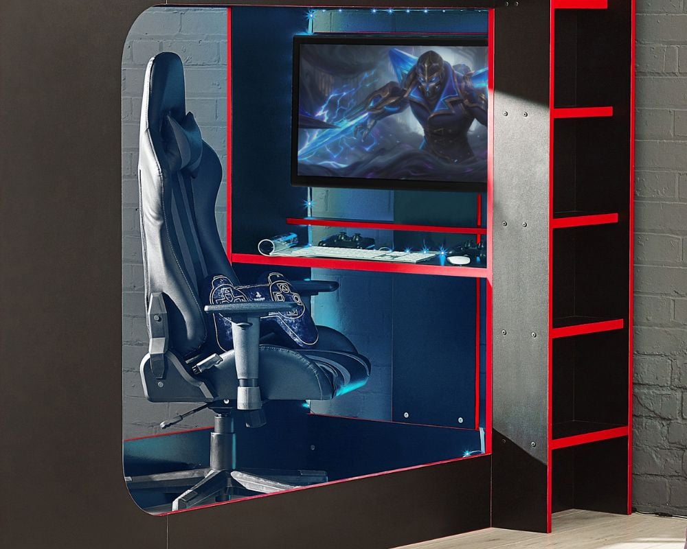 Impact Black and Red Wooden Gaming Bunk Bed Desk Close-Up