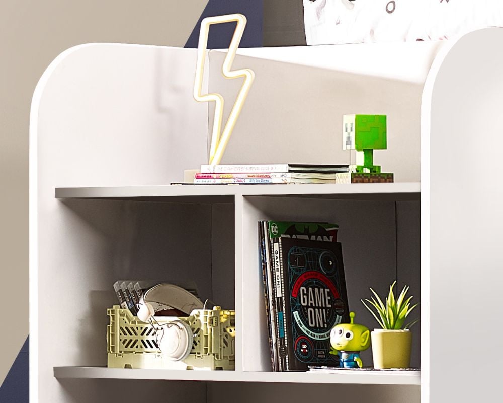 Impact White Wooden Gaming Bunk Bed Shelving Close-Up
