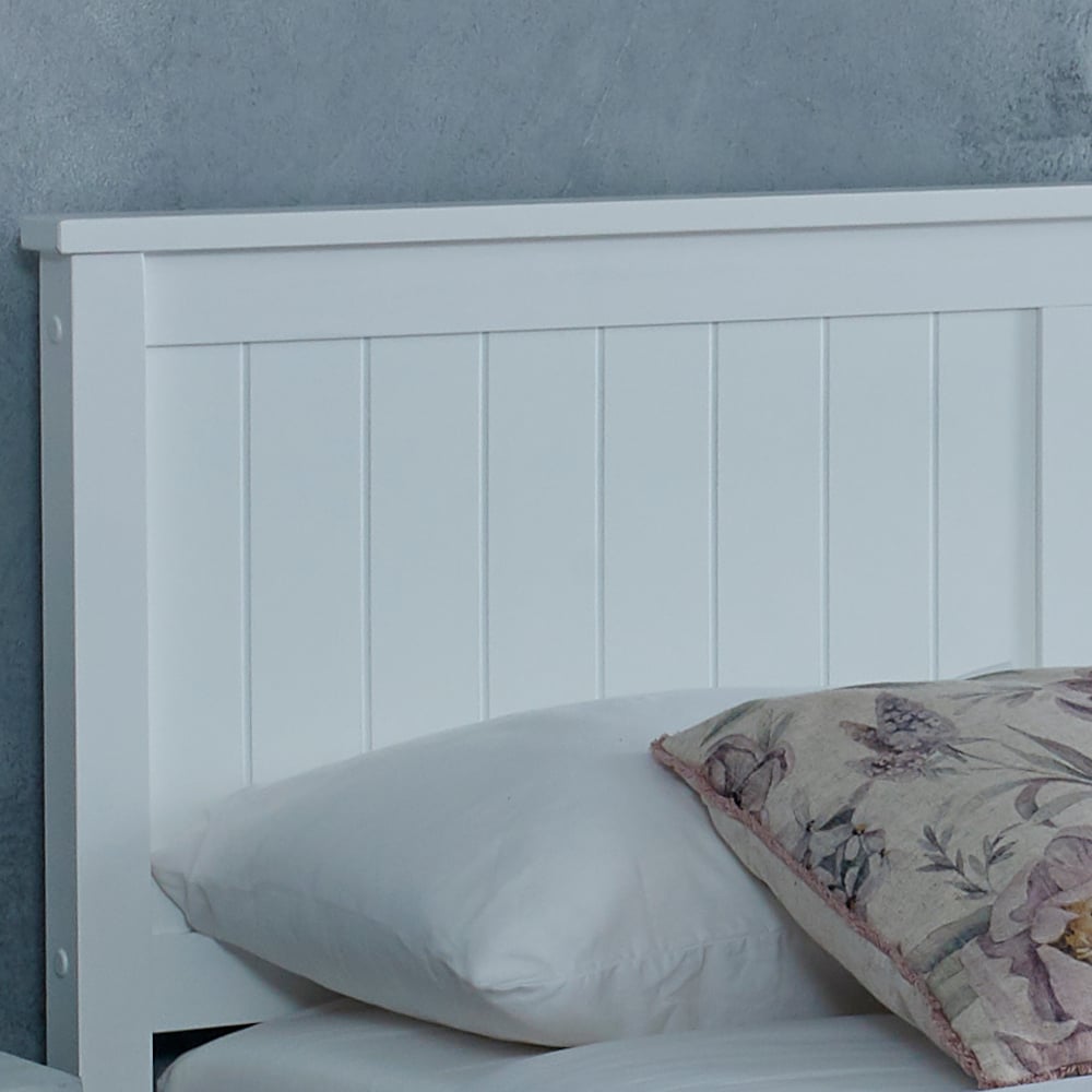 Madrid White Wooden Bed Headboard Close Up.