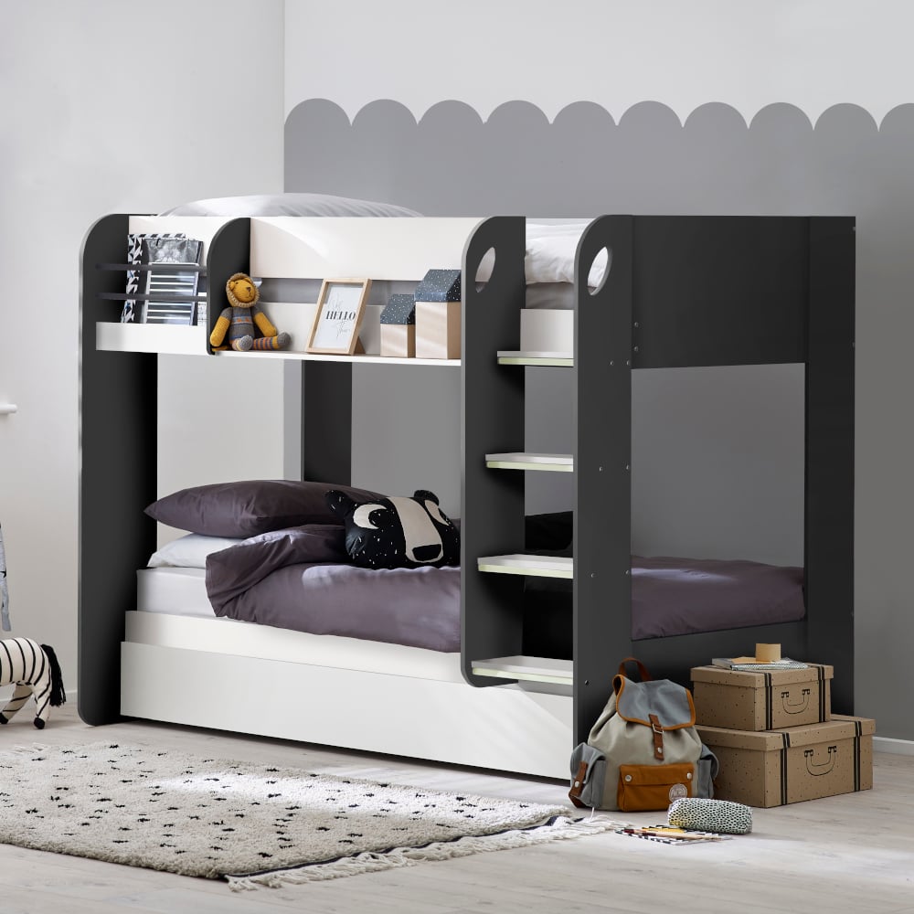 Mars Grey and White Wooden Bunk Bed with Trundle