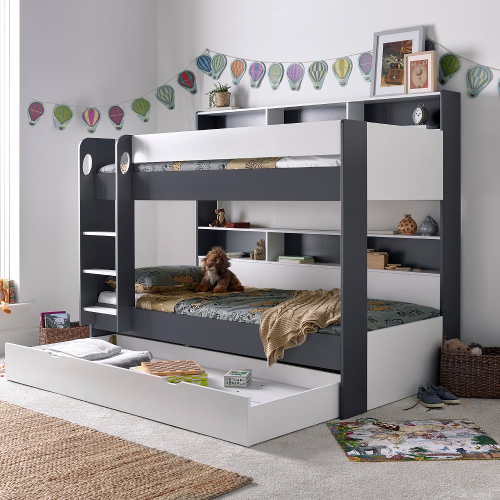 Oliver Anthracite Grey Wooden Storage Bunk Bed Wide Angle