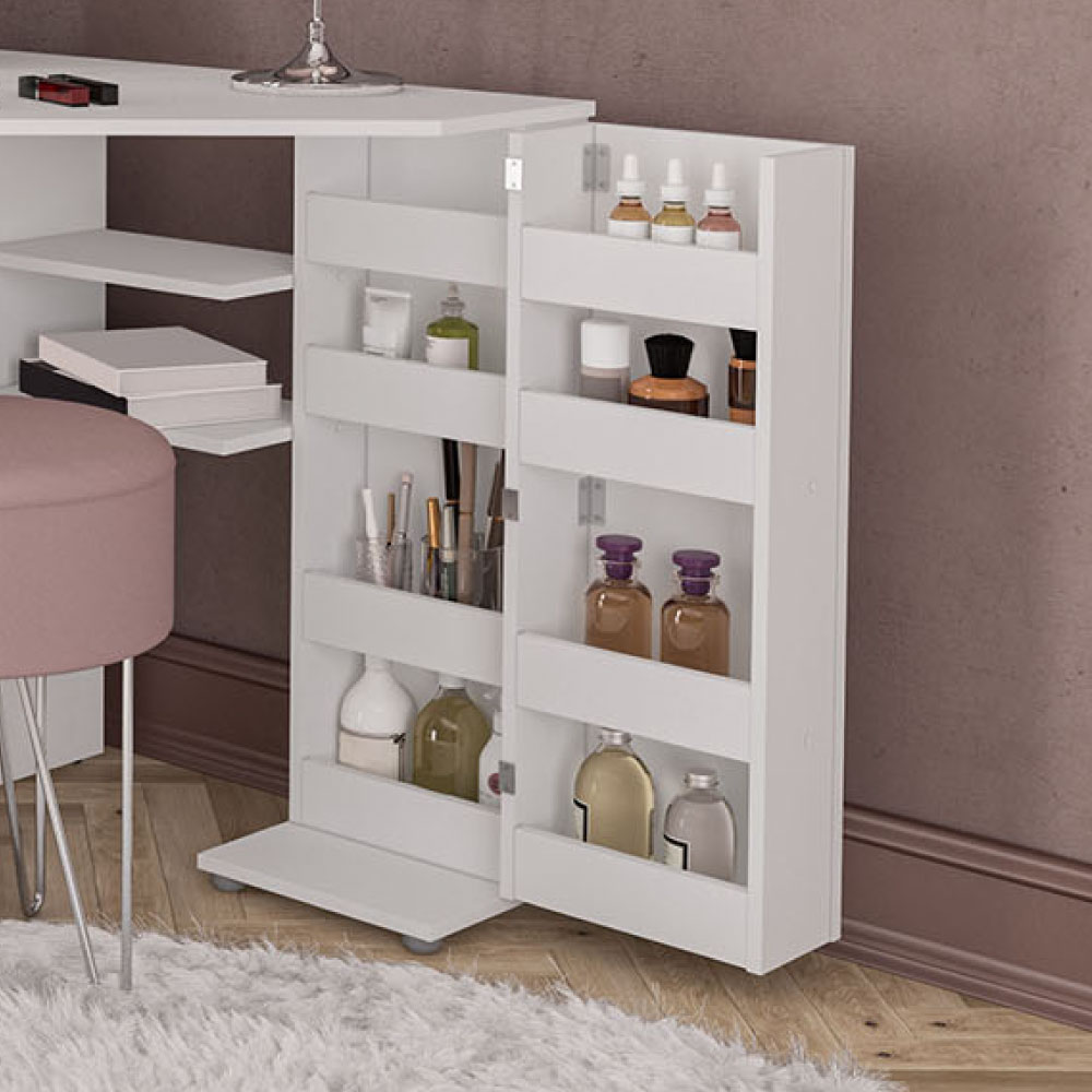 Olivia White Corner Dressing Table with open storage