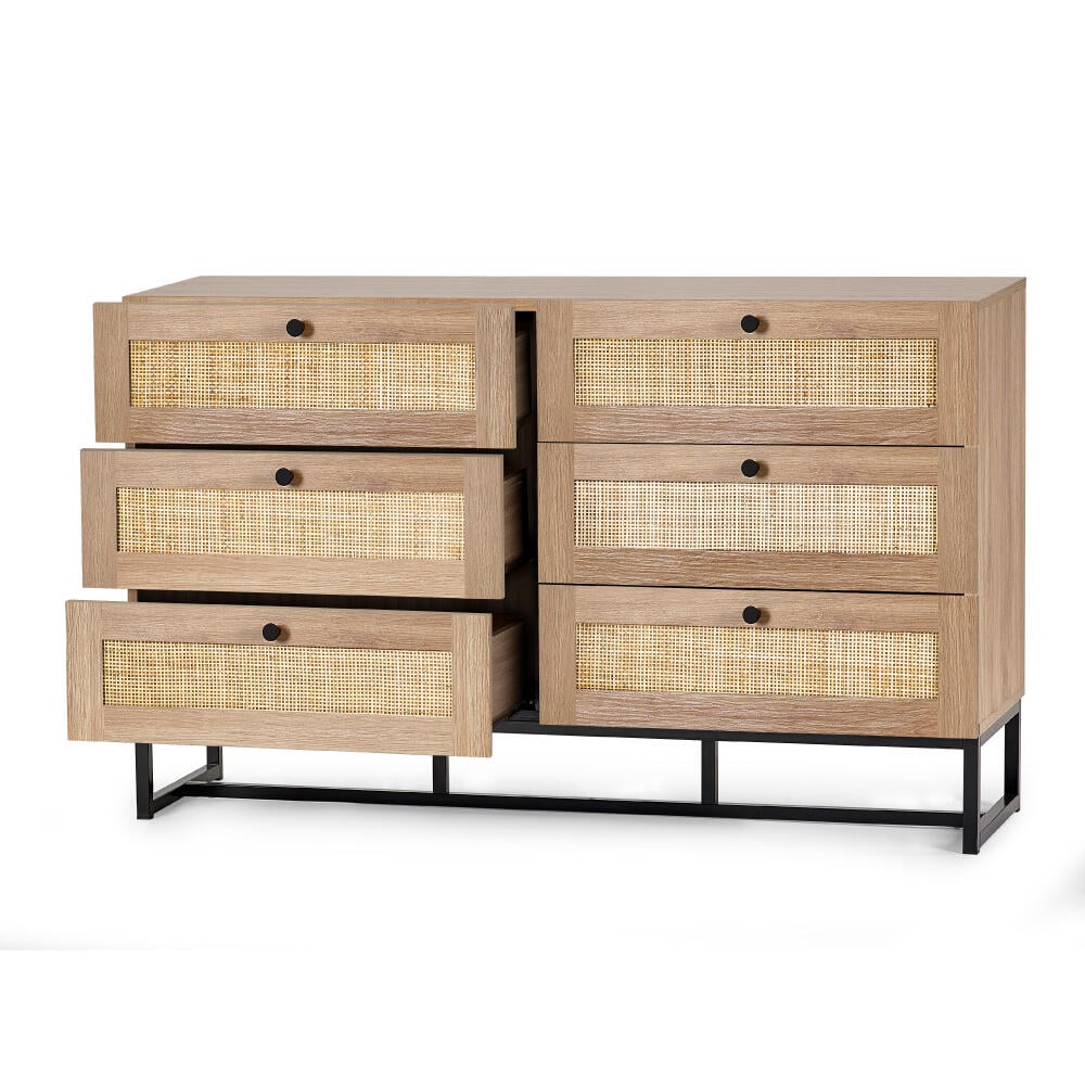 Padstow Oak and Rattan 6 Drawer Chest Rattan Close-Up