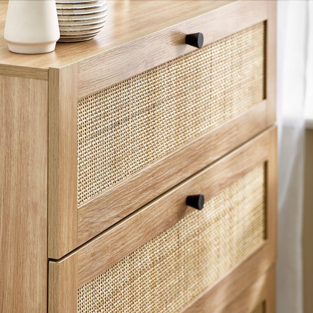 Padstow Oak and Rattan 2 Drawer Bedside Table Drawers Close-Up