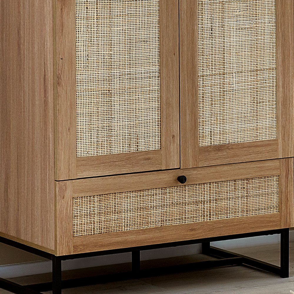 Padstow Oak and Rattan Wooden Wardrobe Interior Close-Up