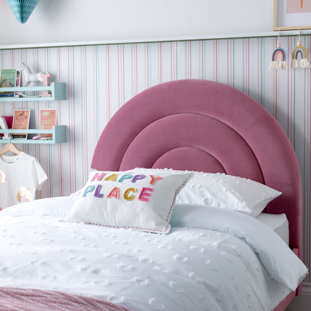 Rainbow Pink Velvet Kids’ Bed Headboard Close-Up