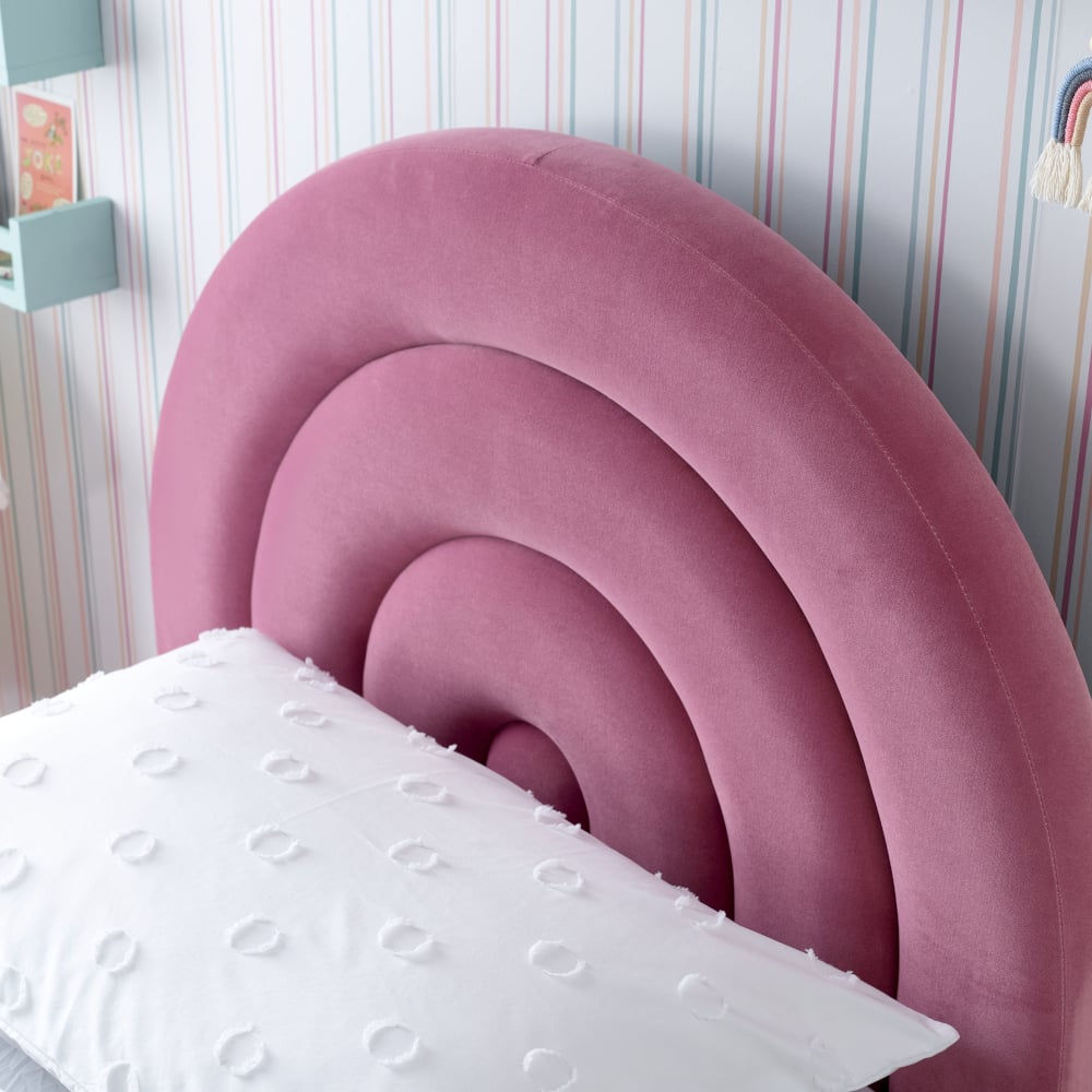 Rainbow Pink Velvet Kids’ Bed Headboard Detail Close-Up