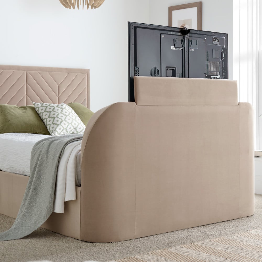 Close-Up of the Sherlock Warm Stone TV Bed with TV raised