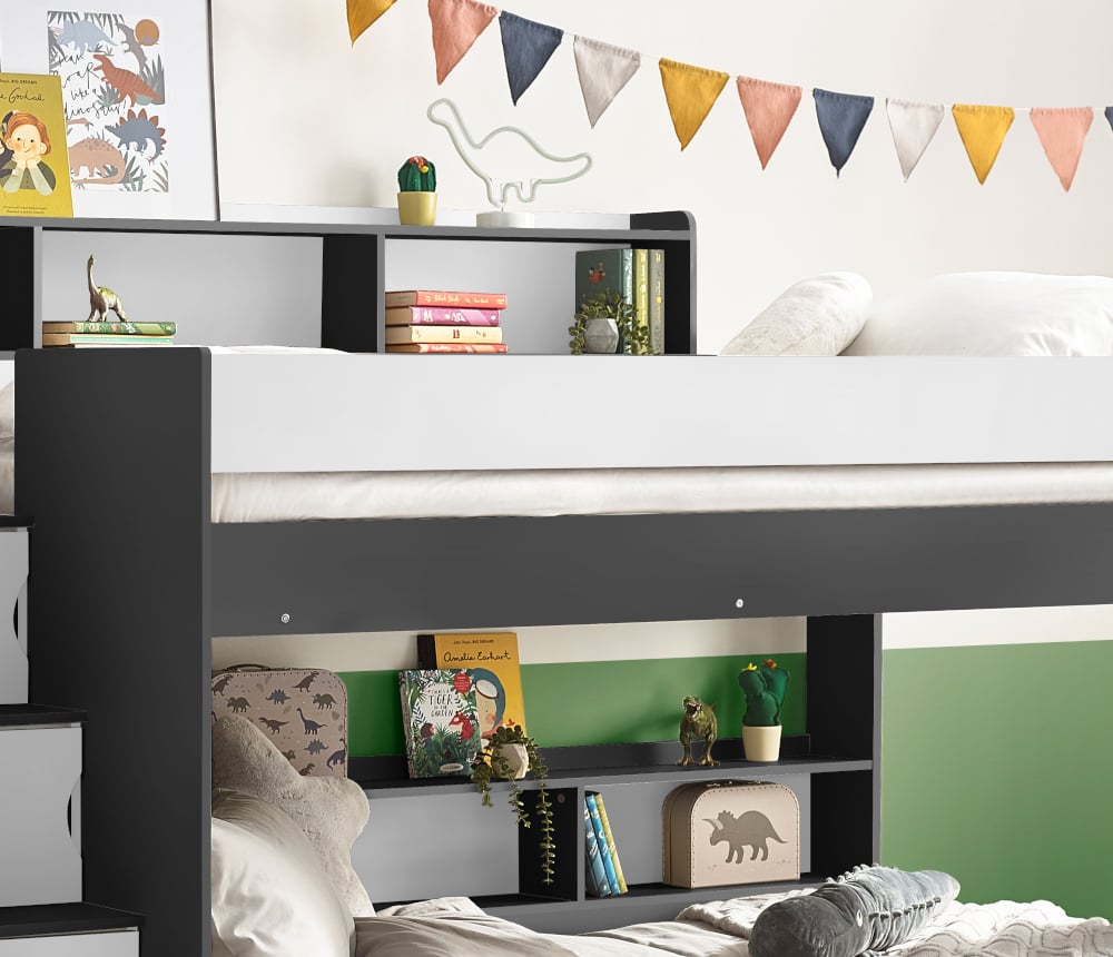 Tuscan Grey and White Wooden Staircase Bunk Bed Close-Up