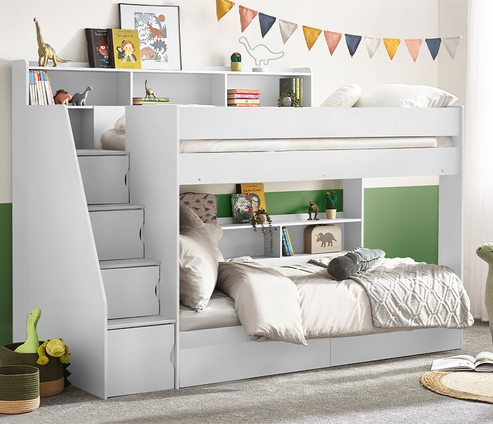 Tuscan White Wooden Staircase Bunk Bed Close-Up