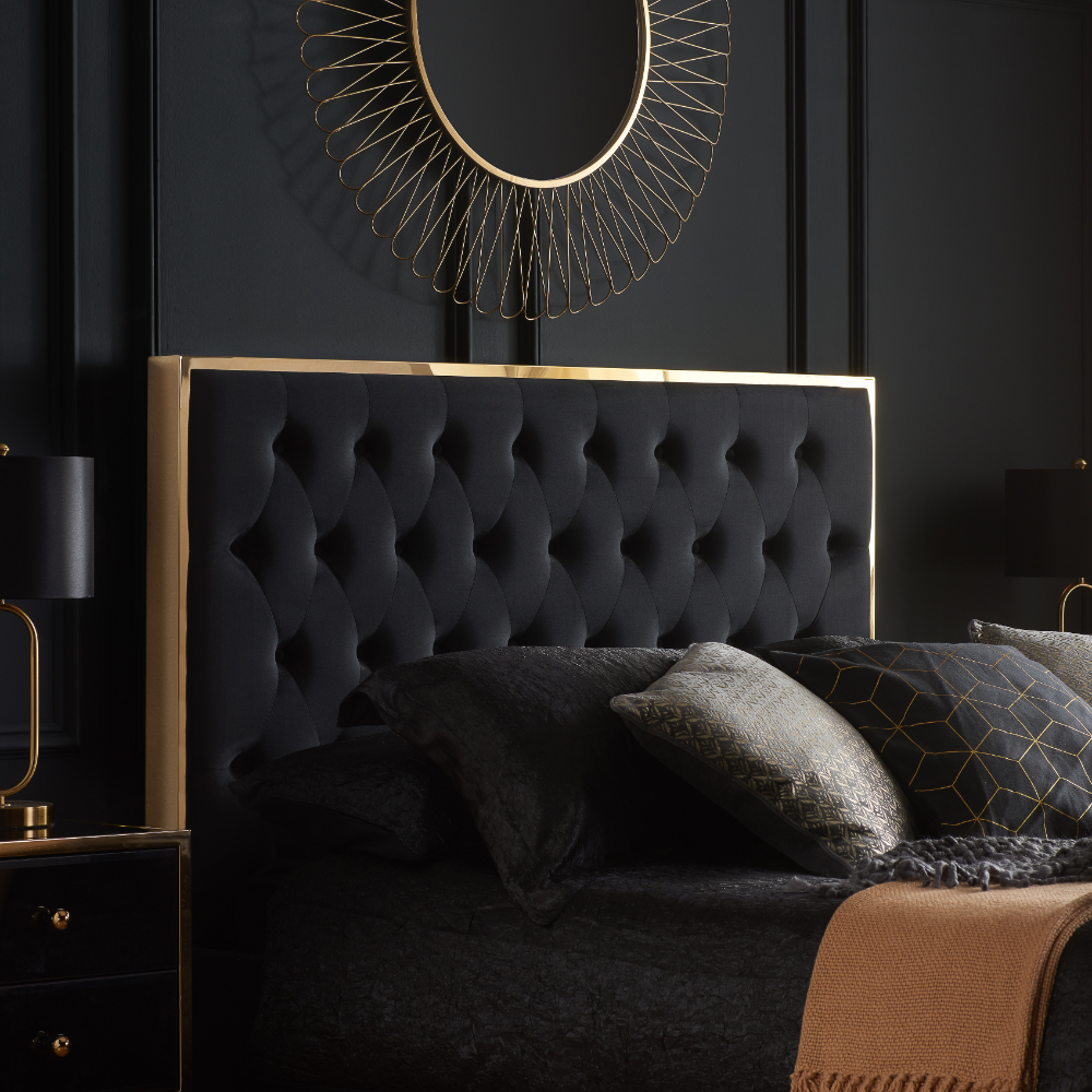 Walton Black and Gold Velvet Bed Headboard Close-Up