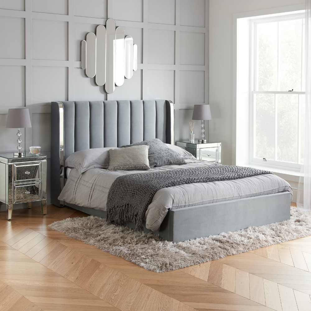 Wilmslow Grey and Silver Velvet Bed Close-Up