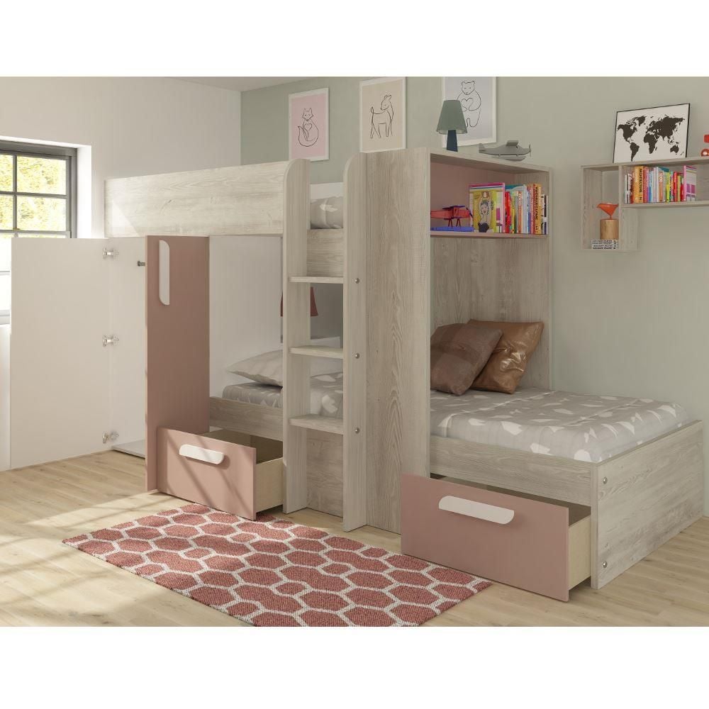 Barca Pink And Oak Wooden Bunk Bed, Bunk Beds With Wardrobe Storage