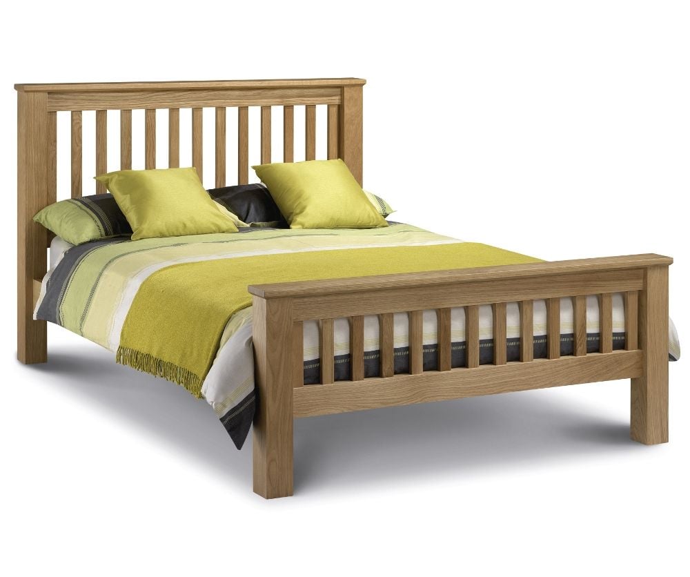 High Foot End Solid Oak Wooden Bed, Wooden King Size Bed With Mattress