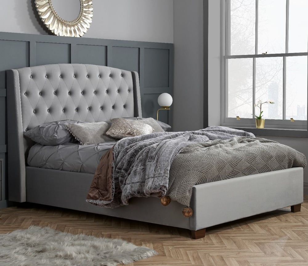 Balm Grey Velvet Fabric Winged Bed, Grey Velvet Upholstered Headboard