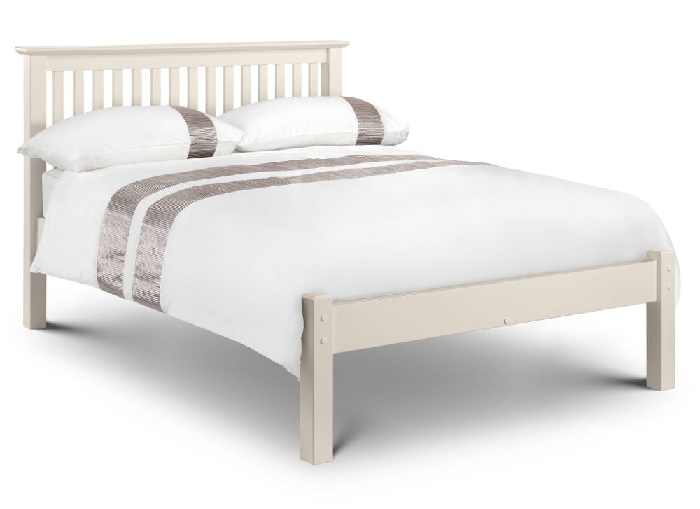 Stone White Finish Solid Pine Wooden Bed, Low White Bed Frame