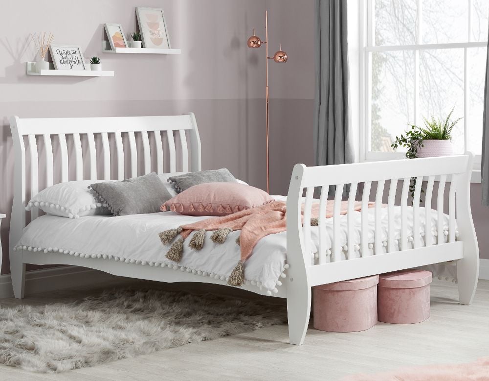 Belford White Wooden Sleigh Bed, Wooden Sleigh Bed King