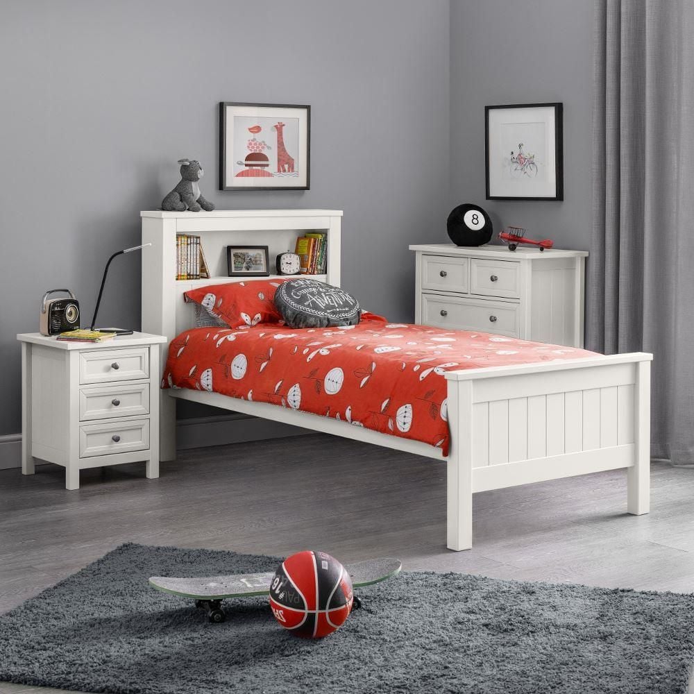 Maine White Wooden Bookcase Bed Frame, White Single Bed With Bookcase Headboard