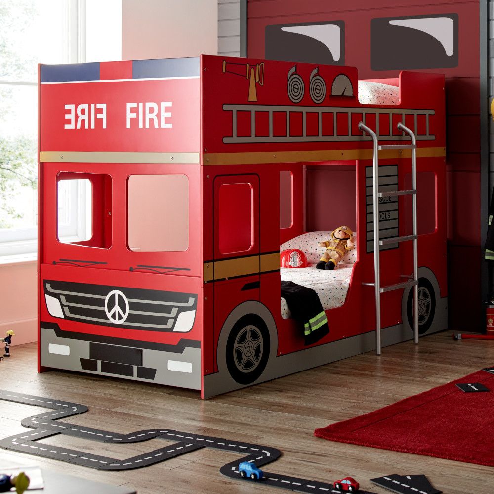 Fire Engine Red Wooden Bunk Bed 3ft, Fire Truck Bunk Bed