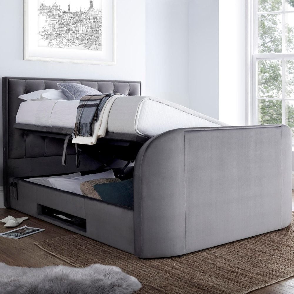 Lyon Grey Velvet Fabric Ottoman, King Size Bed Frame With Tv Lift