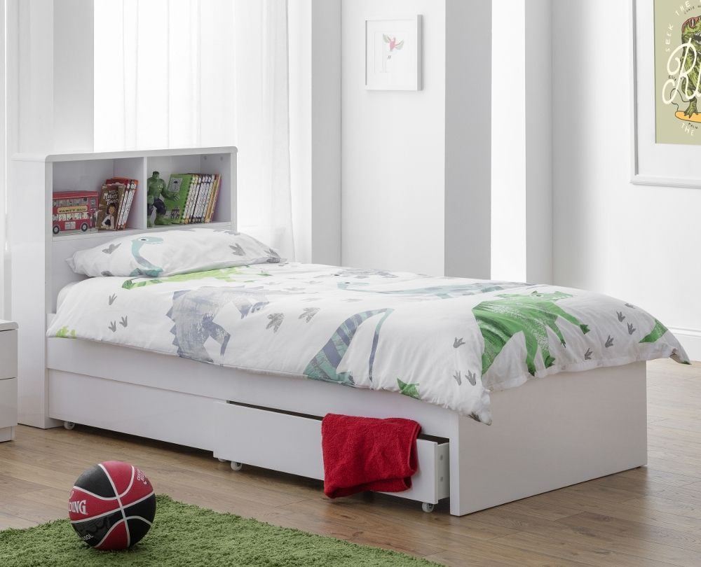 2 Drawer Storage Bookcase Bed Frame, White Gloss Bed Frame With Storage