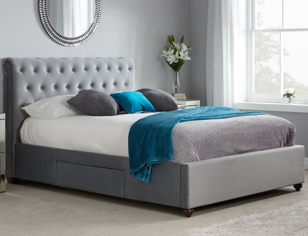 Marlow Grey Velvet Fabric 2 Drawer, Fabric King Bed Frame With Storage
