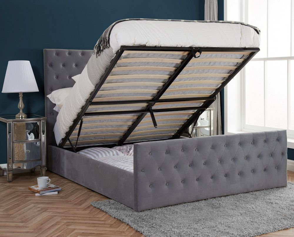 Marquis Grey Velvet Ottoman Storage Bed, King Size Leather Ottoman Beds