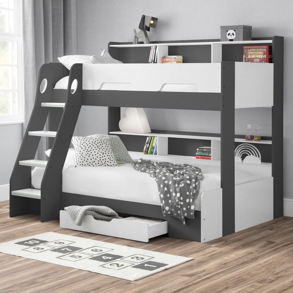 Orion Grey And White Wooden Storage, Double Bunk Bed With Single On Top