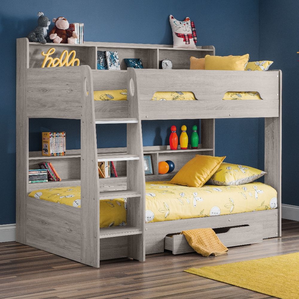 Orion Grey Oak Wooden Storage Bunk Bed, Wooden Bunk Beds With Bookcase Headboards