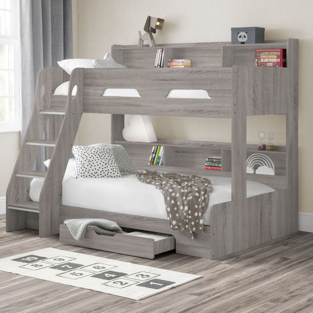 Orion Grey Oak Wooden Storage Triple, Double Single Bunk Bed
