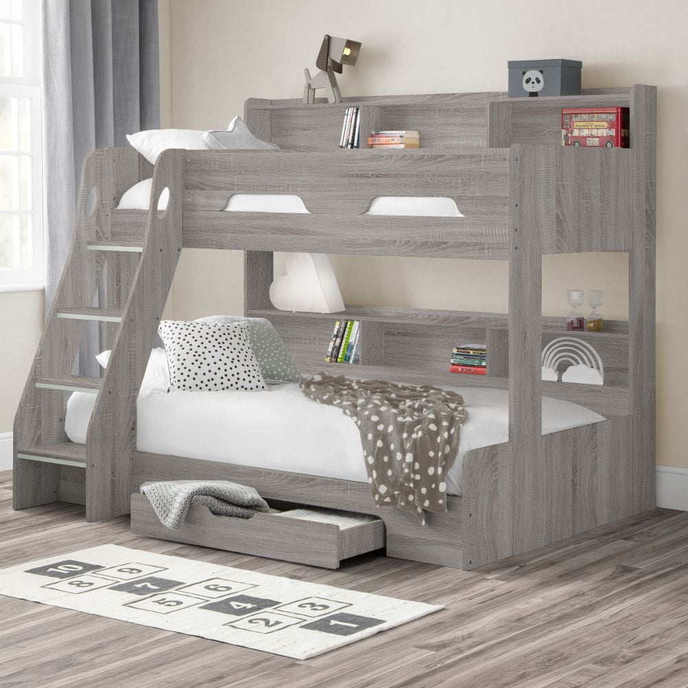 Orion Grey Oak Wooden Storage Triple Sleeper Bunk Bed Frame 3ft