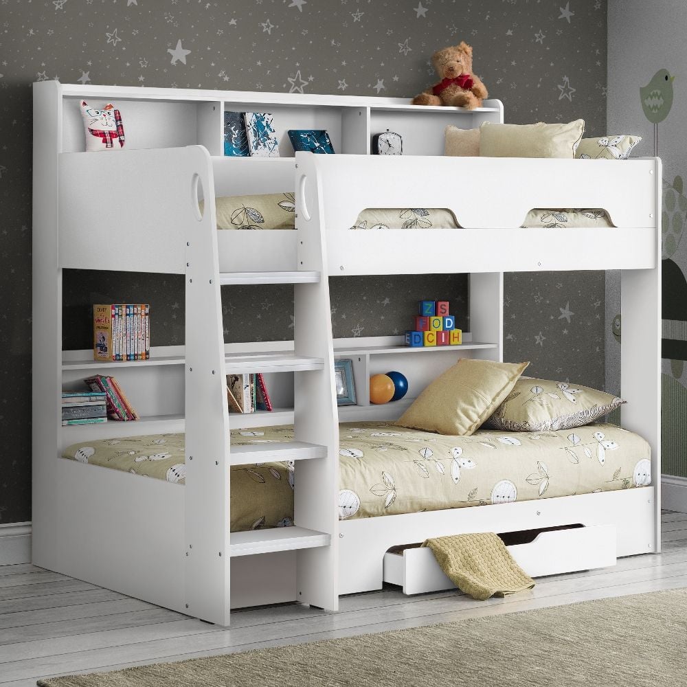 Orion White Wooden Storage Bunk Bed, Kids White Bunk Beds