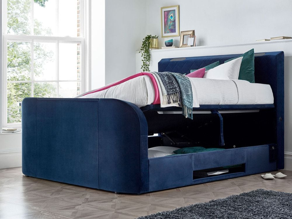 Paris Blue Velvet Fabric Ottoman Electric Media TV Bed Frame 4ft6 Double