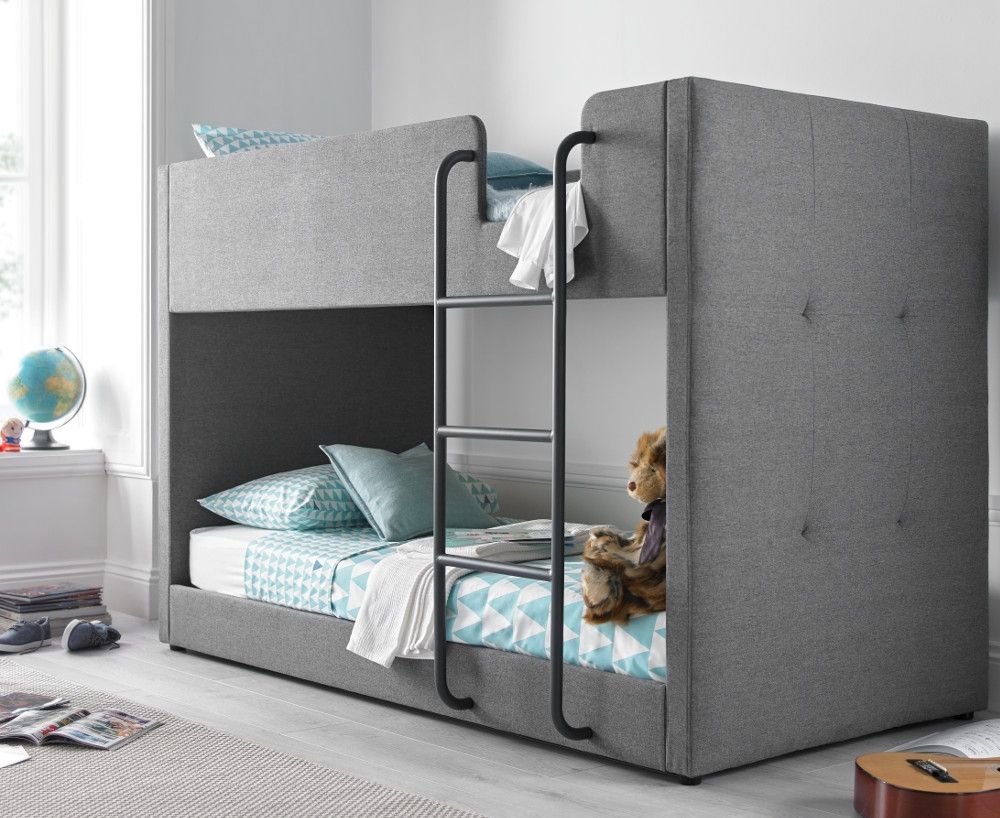Saturn Grey Fabric Bunk Bed 3ft Single, Coil Spring Mattress For Bunk Beds