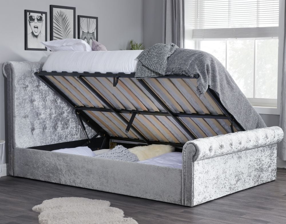 Sienna Steel Crushed Velvet Ottoman Storage Bed Sienna Steel Crushed Velvet Ottoman, High Headboard King Size Ottoman Bed Dimensions