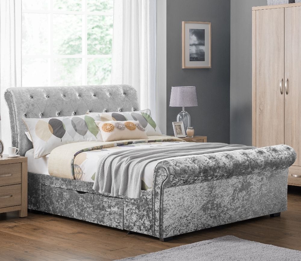 Verona Silver Crushed Velvet 2 Drawer, Double Bed Frame With Storage