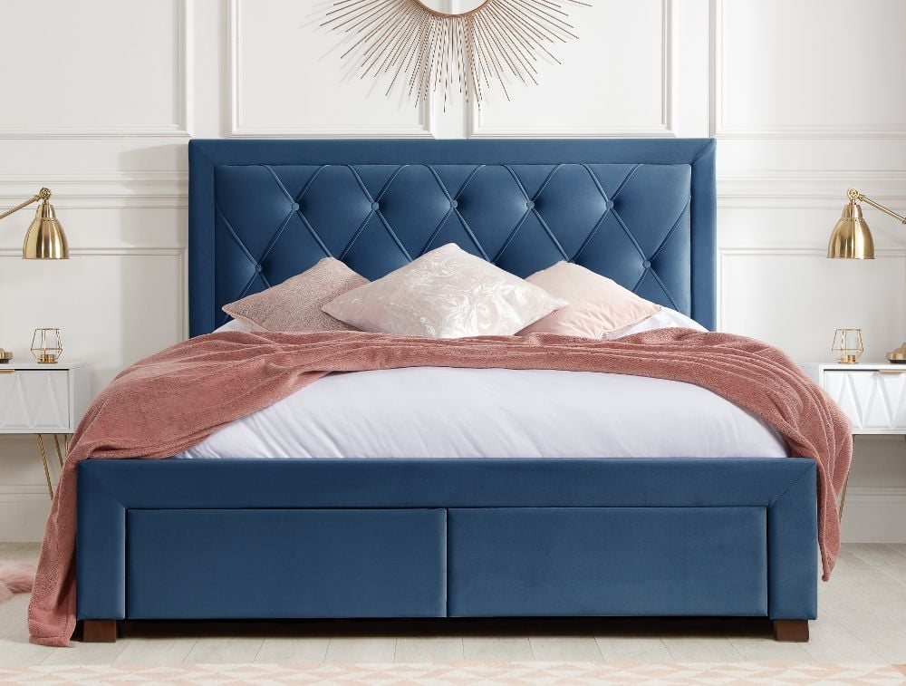 Woodbury Blue Velvet Fabric 4 Drawer, Navy Bed Frame With Storage