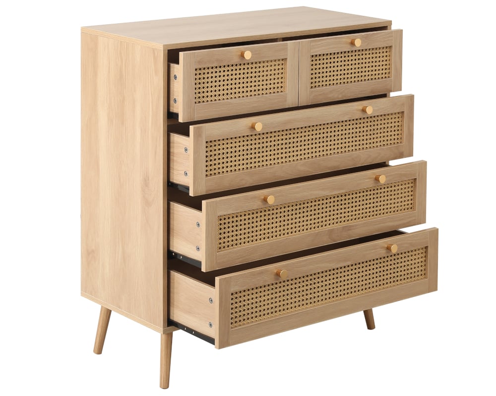 Croxley Oak 5 Drawer Rattan Chest of Drawers Open Drawer